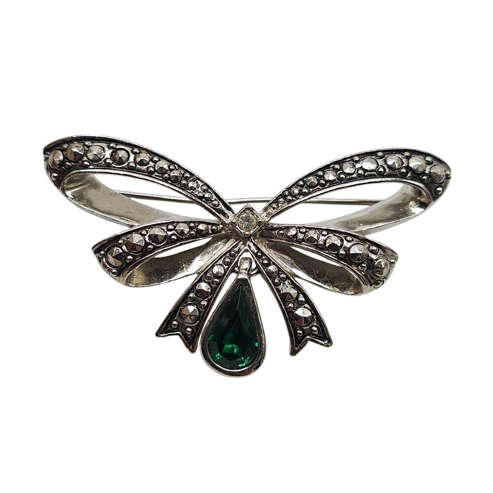 AVON Vintage Rhinestone Bow Green Drop Silver Brooch Pin